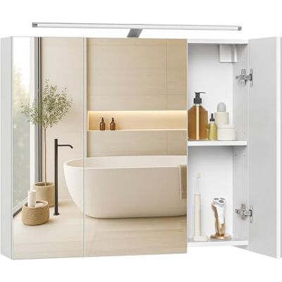 VASAGLE Kailyn Collection BBK139WB01 Armoire de salle de bain murale avec 3 portes avec miroir et éclairage, étagères réglables, style moderne, 15 x 70 x 60 cm, blanc nuage VASAGLE Kailyn Collection BBK139WB01 Armoire de salle de bain murale avec 3 portes avec miroir et éclairage, étagères réglables, style moderne, 15 x 70 x 60 cm, blanc nuage