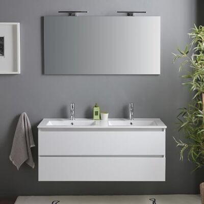 Kiamami Valentina Meuble de salle de bain 120cm blanc brillant, tiroirs et double vasque, miroir et 2 lampes Benaco Kiamami Valentina Meuble de salle de bain 120cm blanc brillant, tiroirs et double vasque, miroir et 2 lampes Benaco