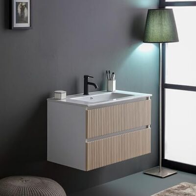 Kiamami Valentina Meuble de salle de bains suspendu 80cm blanc avec façade cannée en chêne Kiamami Valentina Meuble de salle de bains suspendu 80cm blanc avec façade cannée en chêne