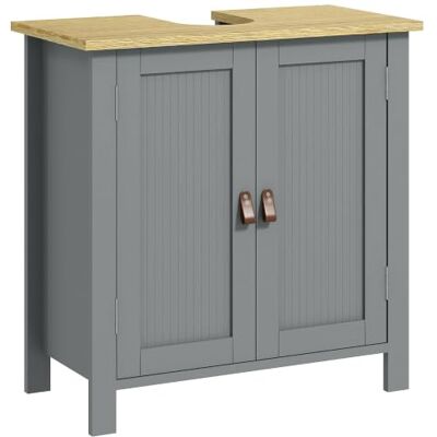 kleankin Meuble sous Lavabo, 2 Portes, 60 x 30 x 60 cm, Gris Meuble de Salle de Bain sous Lavabo, Étagère Réglable, 2 Étages à l'Intérieure, Poignées en PU kleankin Meuble sous Lavabo, 2 Portes, 60 x 30 x 60 cm, Gris Meuble de Salle de Bain sous Lavabo, Étagère Réglable, 2 Étages à l'Intérieure, Poignées en PU