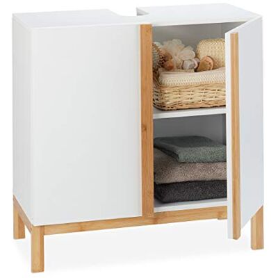 Relaxdays , Meuble sous lavabo, 2 compartiments, en MDF et bambou, blanc, meuble de lavabo (H x l x P) 60,5 x 60 x 30,5 cm, naturel Relaxdays , Meuble sous lavabo, 2 compartiments, en MDF et bambou, blanc, meuble de lavabo (H x l x P) 60,5 x 60 x 30,5 cm, naturel