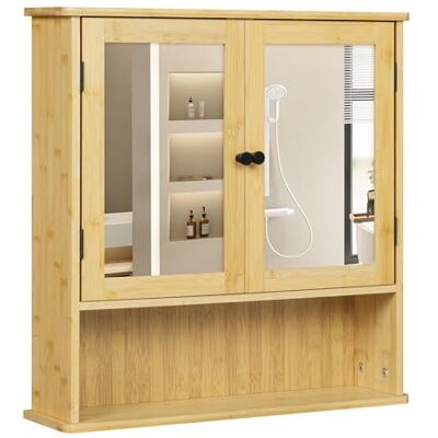 EUGAD Meuble de salle de bain suspendu avec miroir et portes en bambou, armoire de rangement mural, avec étagère réglable, compartiment ouvert, 56 x 14 x 58 cm EUGAD Meuble de salle de bain suspendu avec miroir et portes en bambou, armoire de rangement mural, avec étagère réglable, compartiment ouvert, 56 x 14 x 58 cm