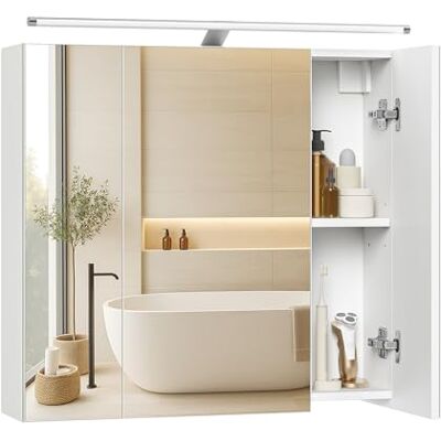 VASAGLE Kailyn Collection BBK138WB01 Armoire de salle de bain murale avec 3 portes avec miroir et éclairage, étagères réglables, style moderne, 15 x 60 x 55 cm, blanc nuage VASAGLE Kailyn Collection BBK138WB01 Armoire de salle de bain murale avec 3 portes avec miroir et éclairage, étagères réglables, style moderne, 15 x 60 x 55 cm, blanc nuage