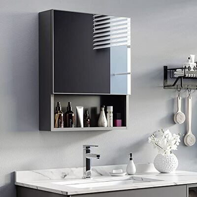 kleankin Armoire de salle de bain avec miroir et porte miroir, armoire de rangement avec 2 étagères intérieures et 1 étagère ouverte, en acier inoxydable, verre, noir, 46 x 13,5 x 58 cm kleankin Armoire de salle de bain avec miroir et porte miroir, armoire de rangement avec 2 étagères intérieures et 1 étagère ouverte, en acier inoxydable, verre, noir, 46 x 13,5 x 58 cm