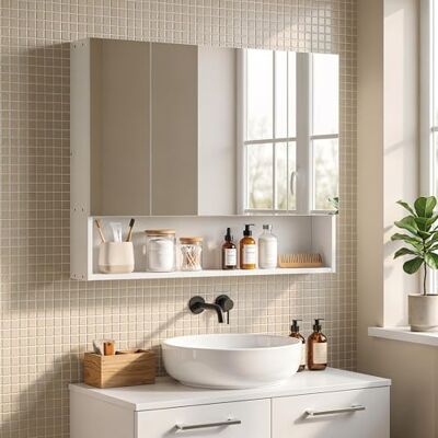 kleankin Armoire murale de salle de bain avec miroir, 90 x 15 x 75 cm, meuble de salle de bain avec miroir, 3 portes miroir, compartiment ouvert et étagères réglables, blanc kleankin Armoire murale de salle de bain avec miroir, 90 x 15 x 75 cm, meuble de salle de bain avec miroir, 3 portes miroir, compartiment ouvert et étagères réglables, blanc