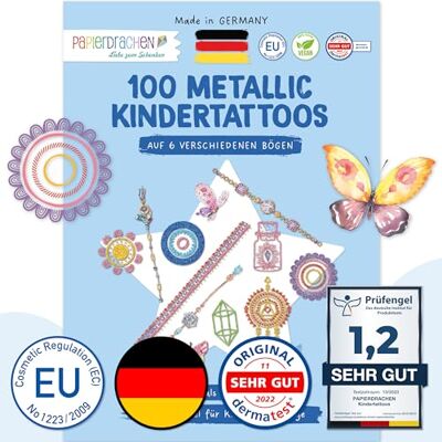Papierdrachen Lot de 100 tatouages métalliques pour enfants Éléments décoratifs doux pour la peau Tatouage à paillettes Cadeau d'anniversaire Pour garçons et filles Fabriqué en Allemagne Papierdrachen Lot de 100 tatouages métalliques pour enfants Éléments décoratifs doux pour la peau Tatouage à paillettes Cadeau d'anniversaire Pour garçons et filles Fabriqué en Allemagne
