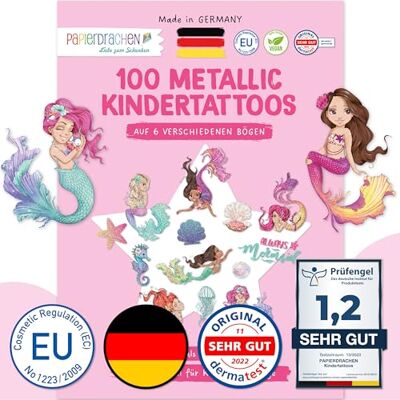 Papierdrachen Lot de 100 tatouages métalliques pour enfants Doux pour la peau Tatouages sirènes à paillettes Cadeau d'anniversaire Pour garçons et filles Fabriqué en Allemagne Papierdrachen Lot de 100 tatouages métalliques pour enfants Doux pour la peau Tatouages sirènes à paillettes Cadeau d'anniversaire Pour garçons et filles Fabriqué en Allemagne