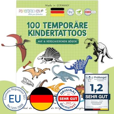 Papierdrachen Lot de 100 tatouages à coller Tatouages pour enfants Dinosaures doux pour la peau Motifs adaptés aux enfants Comme cadeau d'anniversaire ou idée cadeau Végétalien. Papierdrachen Lot de 100 tatouages à coller Tatouages pour enfants Dinosaures doux pour la peau Motifs adaptés aux enfants Comme cadeau d'anniversaire ou idée cadeau Végétalien.