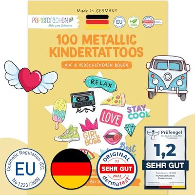Papierdrachen 100 tatouages métalliques à coller tatouages pour enfants respectueux de la peau Summerjam motifs cool comme cadeau d'anniversaire ou idée de cadeau végétalien testé par le TÜV. Papierdrachen 100 tatouages métalliques à coller tatouages pour enfants respectueux de la peau Summerjam motifs cool comme cadeau d'anniversaire ou idée de cadeau végétalien testé par le TÜV.