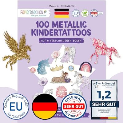 Papierdrachen Lot de 100 tatouages métalliques Doux pour la peau Motif licorne Paillettes Cadeau d'anniversaire Pour garçons et filles Fabriqué en Allemagne Papierdrachen Lot de 100 tatouages métalliques Doux pour la peau Motif licorne Paillettes Cadeau d'anniversaire Pour garçons et filles Fabriqué en Allemagne