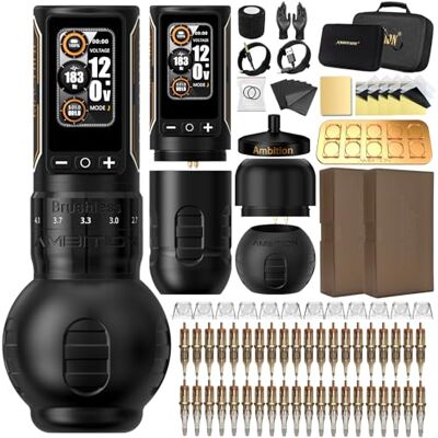 Ambition Ninja Max 280 Kit Complet Machine à Tatouer Sans Fil, 7 Courses Réglables, Double Batterie 2400mAh, Moteur Brushless 280 g.cm, 40 Aiguilles Cartouches, Poignées 54&32mm pour Pros Ambition Ninja Max 280 Kit Complet Machine à Tatouer Sans Fil, 7 Courses Réglables, Double Batterie 2400mAh, Moteur Brushless 280 g.cm, 40 Aiguilles Cartouches, Poignées 54&32mm pour Pros
