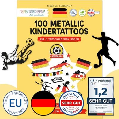Papierdrachen Lot de 100 tatouages métalliques Designs pour les fans de l'équipe nationale allemande Végétalien et testé Idéal pour l'Euro 2024 Tatouages à paillettes Football Allemagne - Papierdrachen Lot de 100 tatouages métalliques Designs pour les fans de l'équipe nationale allemande Végétalien et testé Idéal pour l'Euro 2024 Tatouages à paillettes Football Allemagne -