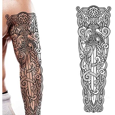 Tatodays Tatouage temporaire bras complet épée viking celtique nordique bâton sur transfert d'art corporel pour femmes et hommes cosplay Halloween adulte tatouage temporaire pour bras Tatodays Tatouage temporaire bras complet épée viking celtique nordique bâton sur transfert d'art corporel pour femmes et hommes cosplay Halloween adulte tatouage temporaire pour bras
