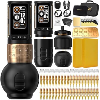 Ambition Ninja Max 280 Kit Complet Machine à Tatouer Sans Fil, 7 Courses Réglables, Double Batterie 2400mAh, Moteur Brushless 280 g.cm, 40 Aiguilles Cartouches, Poignées 54&32mm pour Pros Ambition Ninja Max 280 Kit Complet Machine à Tatouer Sans Fil, 7 Courses Réglables, Double Batterie 2400mAh, Moteur Brushless 280 g.cm, 40 Aiguilles Cartouches, Poignées 54&32mm pour Pros