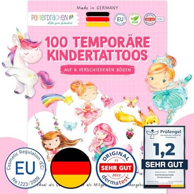 Papierdrachen Lot de 100 tatouages pour enfants Doux pour la peau Avec licornes, sirènes, princesses Cadeau d'anniversaire et idée cadeau pour enfants Végétalien et testé Papierdrachen Lot de 100 tatouages pour enfants Doux pour la peau Avec licornes, sirènes, princesses Cadeau d'anniversaire et idée cadeau pour enfants Végétalien et testé