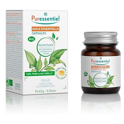Puressentiel Lot de 60 capsules d'huile essentielle de Ravintsara bio Goût neutre. Complément pour la fonction respiratoire. Facile à avaler. Végétalien. Uniquement pour les adultes Puressentiel Lot de 60 capsules d'huile essentielle de Ravintsara bio Goût neutre. Complément pour la fonction respiratoire. Facile à avaler. Végétalien. Uniquement pour les adultes