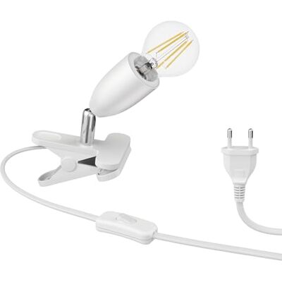 ledscom.de Lampe à pince E27 LIK, blanche avec ampoule LED E27 963lm blanc chaud, variation en 3 étapes sans variateur avec interrupteur d'éclairage ledscom.de Lampe à pince E27 LIK, blanche avec ampoule LED E27 963lm blanc chaud, variation en 3 étapes sans variateur avec interrupteur d'éclairage