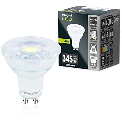 Integral Ampoule à LED en verre GU10 5 PACK blanc froid 4000K, 400LM, 3,6W (équivalent à 50W) dimmable Efficace en énergie et idéale pour les spots et projecteurs dans les salles de bains Integral Ampoule à LED en verre GU10 5 PACK blanc froid 4000K, 400LM, 3,6W (équivalent à 50W) dimmable Efficace en énergie et idéale pour les spots et projecteurs dans les salles de bains