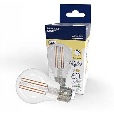 MÜLLER LICHT Müller-Licht Ampoule LED rétro DIM A60 En forme de poire E27 Transparent 7 W Remplace 60 W Lumière blanche chaude nostalgique (2700 K) Pour une ambiance chaleureuse 806 lm Intensité MÜLLER LICHT Müller-Licht Ampoule LED rétro DIM A60 En forme de poire E27 Transparent 7 W Remplace 60 W Lumière blanche chaude nostalgique (2700 K) Pour une ambiance chaleureuse 806 lm Intensité