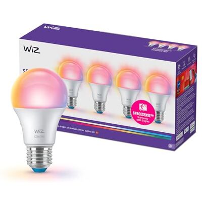WiZ Ampoule LED connectée A60, Multicolore et Blanc ajustable, Culot E27, Équivalent 60 W, 2200-6500 K, 806 lumens, Intensité réglable, Compatible Alexa, Google Assistant et Apple Home, pack de 4 WiZ Ampoule LED connectée A60, Multicolore et Blanc ajustable, Culot E27, Équivalent 60 W, 2200-6500 K, 806 lumens, Intensité réglable, Compatible Alexa, Google Assistant et Apple Home, pack de 4