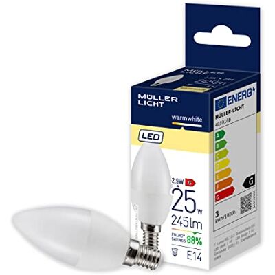 MÜLLER LICHT Müller-Licht Essentials Ampoule LED en forme de bougie E14, lumière blanche chaude (2700 K) pour une ambiance chaleureuse, 3 W remplace 25 W, intensité non variable, durée de vie de 25 000 h, MÜLLER LICHT Müller-Licht Essentials Ampoule LED en forme de bougie E14, lumière blanche chaude (2700 K) pour une ambiance chaleureuse, 3 W remplace 25 W, intensité non variable, durée de vie de 25 000 h,