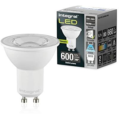 Integral Ampoule LED GU10 5 PACK lumière du jour froide 6500K, 600LM, 5,7W (équivalent à 75W) dimmable Efficace en énergie et idéale pour les spots et projecteurs dans les salles de bains cuisines Integral Ampoule LED GU10 5 PACK lumière du jour froide 6500K, 600LM, 5,7W (équivalent à 75W) dimmable Efficace en énergie et idéale pour les spots et projecteurs dans les salles de bains cuisines