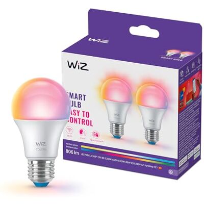 WiZ Ampoule LED connectée A60, Multicolore et Blanc ajustable, Culot E27, Équivalent 60 W, 2200-6500 K, 806 lumens, Intensité réglable, Compatible Alexa, Google Assistant et Apple Home, pack de 2 WiZ Ampoule LED connectée A60, Multicolore et Blanc ajustable, Culot E27, Équivalent 60 W, 2200-6500 K, 806 lumens, Intensité réglable, Compatible Alexa, Google Assistant et Apple Home, pack de 2