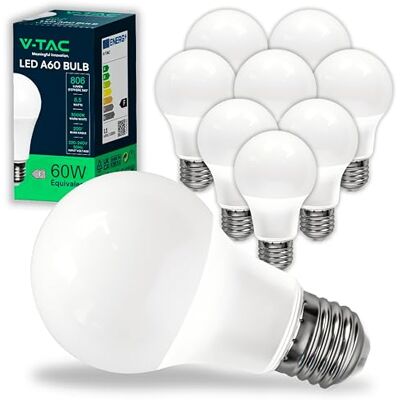 V-TAC 10x Ampoules LED culot E27 8,5W (équivalent 60W) A60-806 Lumen 3000K Blanc Chaud Ouverture du faisceau lumineux 200° Efficacité Maximale et Économie d'Énergie V-TAC 10x Ampoules LED culot E27 8,5W (équivalent 60W) A60-806 Lumen 3000K Blanc Chaud Ouverture du faisceau lumineux 200° Efficacité Maximale et Économie d'Énergie