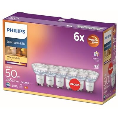 Philips LED Spot 6-pack Warmwit Licht GU10-50 W Dimbaar Energiezuinige LED Spotjes Philips LED Spot 6-pack Warmwit Licht GU10-50 W Dimbaar Energiezuinige LED Spotjes
