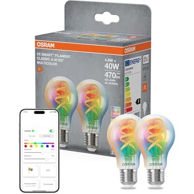 OSRAM SMART+ Lampe filament RGB (lot de 2, E27, 5W) – 16M couleurs – blanc chaud à froid (2700–6500K) – compatible Matter via Wi-Fi – Alexa, Google, Apple OSRAM SMART+ Lampe filament RGB (lot de 2, E27, 5W) – 16M couleurs – blanc chaud à froid (2700–6500K) – compatible Matter via Wi-Fi – Alexa, Google, Apple