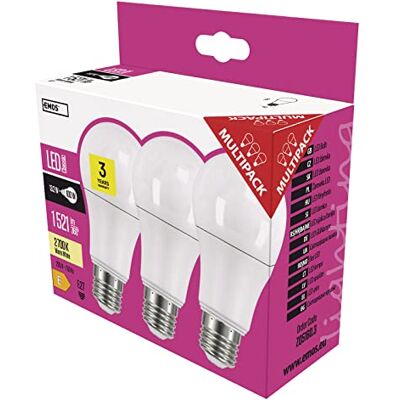 EMOS ZQ5160.3 Lot de 3 ampoules LED A60 14 W pour ampoule à incandescence 100 W Culot E27 Luminosité 1 521 lm Blanc chaud 2700 K Durée de vie 30 000 heures CRI min. Angle d'éclairage 80/300° EMOS ZQ5160.3 Lot de 3 ampoules LED A60 14 W pour ampoule à incandescence 100 W Culot E27 Luminosité 1 521 lm Blanc chaud 2700 K Durée de vie 30 000 heures CRI min. Angle d'éclairage 80/300°