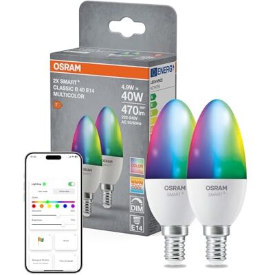 OSRAM SMART+ Bougie RGB (lot de 2, E14, 9W) – blanc chaud à froid + RGB – compatible Matter via Wi-Fi – Alexa, Google, Apple OSRAM SMART+ Bougie RGB (lot de 2, E14, 9W) – blanc chaud à froid + RGB – compatible Matter via Wi-Fi – Alexa, Google, Apple