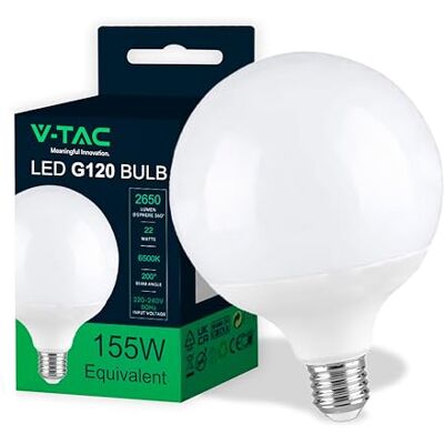 V-TAC Ampoule LED Globe avec Chip Samsung E27 22W (équivalent 155W) G120-2650 Lumen 6500K Blanc Froid Ouverture du faisceau lumineux 200° Efficacité Maximale et Économie d'Énergie V-TAC Ampoule LED Globe avec Chip Samsung E27 22W (équivalent 155W) G120-2650 Lumen 6500K Blanc Froid Ouverture du faisceau lumineux 200° Efficacité Maximale et Économie d'Énergie