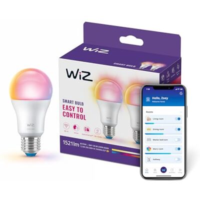 WiZ Ampoule LED connectée A60, Blanc ajustable et Multicolore, Culot E27, Équivalent 100 W, 2200-6500 K, 1521 lumens, Intensité réglable, Compatible Alexa, Google Assistant et Apple HomeKit, pack de 2 WiZ Ampoule LED connectée A60, Blanc ajustable et Multicolore, Culot E27, Équivalent 100 W, 2200-6500 K, 1521 lumens, Intensité réglable, Compatible Alexa, Google Assistant et Apple HomeKit, pack de 2