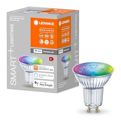 LEDVANCE Lampe à réflecteur LED intelligente avec technologie WiFi, base GU10, couleur de la lumière variable (2700-6500K), couleurs RVB variables, dimmable, remplacement 50W, SPOT RGBW, paquet de 1 LEDVANCE Lampe à réflecteur LED intelligente avec technologie WiFi, base GU10, couleur de la lumière variable (2700-6500K), couleurs RVB variables, dimmable, remplacement 50W, SPOT RGBW, paquet de 1