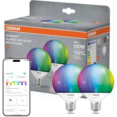 OSRAM SMART+ Ampoule Globe RGB (lot de 2, E14, 14W) – lumière RGB + blanc chaud/froid – compatible Matter via Wi-Fi – Alexa, Google, Apple OSRAM SMART+ Ampoule Globe RGB (lot de 2, E14, 14W) – lumière RGB + blanc chaud/froid – compatible Matter via Wi-Fi – Alexa, Google, Apple