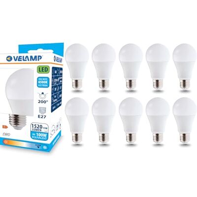 Velamp Ampoule LED, standard A60, culot E27, 15W (1520 lumens équivalent à 100W), lumière blanche froide 6500K, technologie SMD, faisceau 200 °, pack de 10 ampoules Velamp Ampoule LED, standard A60, culot E27, 15W (1520 lumens équivalent à 100W), lumière blanche froide 6500K, technologie SMD, faisceau 200 °, pack de 10 ampoules