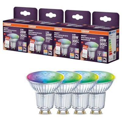 OSRAM SMART Zigbee ampoule à réflecteur PAR16 transparente verre sans plomb gradable 4.9W RVBB GU10, protection IP20, pour privé et professionnel,4-Pack OSRAM SMART Zigbee ampoule à réflecteur PAR16 transparente verre sans plomb gradable 4.9W RVBB GU10, protection IP20, pour privé et professionnel,4-Pack