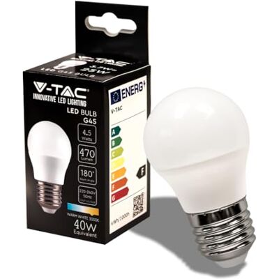 V-TAC Ampoule LED avec culot Edison E27 4,5 W (équivalent à 40 W) G45-470 lumens Ampoule LED Efficacité maximale et économie d'énergie Lumière 3000 K blanche chaude V-TAC Ampoule LED avec culot Edison E27 4,5 W (équivalent à 40 W) G45-470 lumens Ampoule LED Efficacité maximale et économie d'énergie Lumière 3000 K blanche chaude