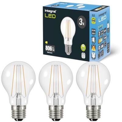 Integral LED Ampoule GLS A60, à filament, omnidirectionnelle, culot Edison à vis E27, blanc chaud 2700K, 806lm, 5,9W (équiv. 60W), comp. variateur, éclairage domestique/professionnel, lot de 3 Integral LED Ampoule GLS A60, à filament, omnidirectionnelle, culot Edison à vis E27, blanc chaud 2700K, 806lm, 5,9W (équiv. 60W), comp. variateur, éclairage domestique/professionnel, lot de 3
