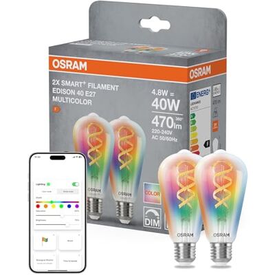OSRAM SMART+ Lampe Edison filament RGB (lot de 2, E27, 5W) – lumière réglable 2700–6500K – 16M couleurs – Matter via Wi-Fi – Alexa, Google, Apple OSRAM SMART+ Lampe Edison filament RGB (lot de 2, E27, 5W) – lumière réglable 2700–6500K – 16M couleurs – Matter via Wi-Fi – Alexa, Google, Apple