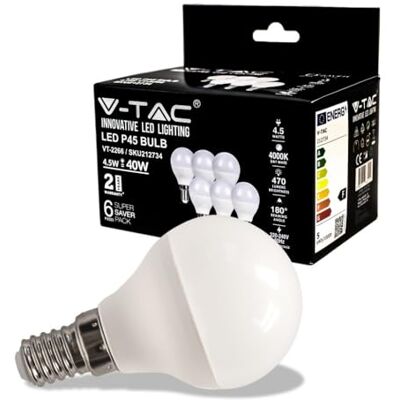 V-TAC Ampoule LED culot E14 4,5W (équivalent 40W) P45-470 Lumen 4000K Blanc Neutre Ouverture du faisceau lumineux 180° Efficacité Maximale et Économie d'Énergie (Lot de 6) V-TAC Ampoule LED culot E14 4,5W (équivalent 40W) P45-470 Lumen 4000K Blanc Neutre Ouverture du faisceau lumineux 180° Efficacité Maximale et Économie d'Énergie (Lot de 6)