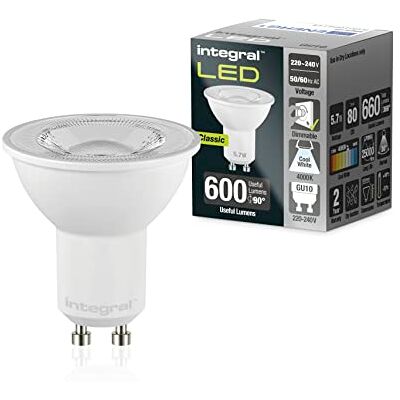Integral Ampoule LED GU10 5 PACK blanc froid 4000K, 600LM, 5,7W (équivalent à 75W) dimmable Efficace en énergie et idéale pour les spots et projecteurs dans les salles de bains, cuisines, salons Integral Ampoule LED GU10 5 PACK blanc froid 4000K, 600LM, 5,7W (équivalent à 75W) dimmable Efficace en énergie et idéale pour les spots et projecteurs dans les salles de bains, cuisines, salons