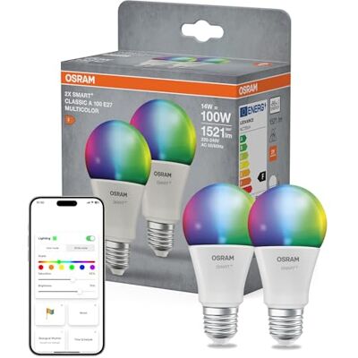 OSRAM SMART+ Ampoule RGB (lot de 2, E27, 14W) – 16M couleurs – lumière de 2700 à 6500K – Matter via Wi-Fi – Alexa, Google, Apple OSRAM SMART+ Ampoule RGB (lot de 2, E27, 14W) – 16M couleurs – lumière de 2700 à 6500K – Matter via Wi-Fi – Alexa, Google, Apple
