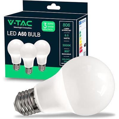 V-TAC Ampoules LED E27 8,5W (équivalent 60W) A60-806 Lumen 4000K Blanc Neutre Ouverture du faisceau lumineux 200° Efficacité Maximale et Économie d'Énergie (Lot de 3) VT-1900 V-TAC Ampoules LED E27 8,5W (équivalent 60W) A60-806 Lumen 4000K Blanc Neutre Ouverture du faisceau lumineux 200° Efficacité Maximale et Économie d'Énergie (Lot de 3) VT-1900