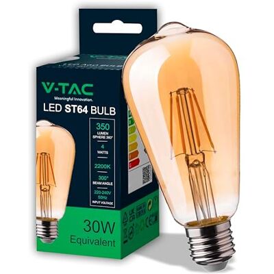V-TAC Ampoule LED Filament ST64 culot E27-4W (équivalent 30W) 350 Lumen Ampoules LED Vintage en Verre Ambré Efficacité Maximale et Économie d'Énergie 2200K Blanc Chaud V-TAC Ampoule LED Filament ST64 culot E27-4W (équivalent 30W) 350 Lumen Ampoules LED Vintage en Verre Ambré Efficacité Maximale et Économie d'Énergie 2200K Blanc Chaud