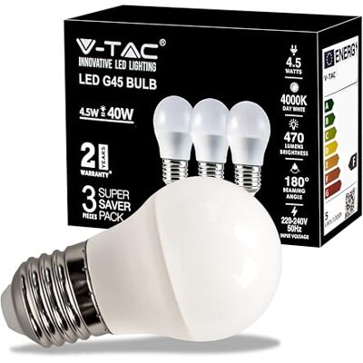 V-TAC Ampoule LED avec culot E27 4,5 W (équivalent à 40 W) G45 – 470 lumens – Ampoule LED Efficacité maximale et économie d'énergie – Lumière 4000 K blanche naturelle (boîte de 3 pièces) V-TAC Ampoule LED avec culot E27 4,5 W (équivalent à 40 W) G45 – 470 lumens – Ampoule LED Efficacité maximale et économie d'énergie – Lumière 4000 K blanche naturelle (boîte de 3 pièces)