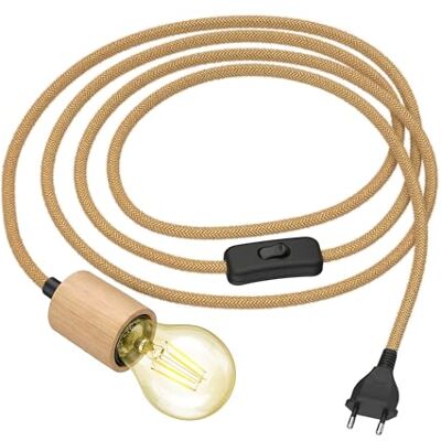 ledscom.de Câble de chanvre KIVO, beige, 3m, douille E27 en bois véritable, fiche, interrupteur, ampoule LED incluse, 471lm, blanc extra chaud ledscom.de Câble de chanvre KIVO, beige, 3m, douille E27 en bois véritable, fiche, interrupteur, ampoule LED incluse, 471lm, blanc extra chaud