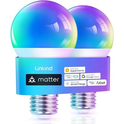 Linkind Matter Lot de 2 ampoules intelligentes RGBTW, ampoule intelligente E27, ampoules LED intelligentes à vis, 9 W, 806 lm, ampoule LED intelligente avec synchronisation musicale, fonctionne avec Linkind Matter Lot de 2 ampoules intelligentes RGBTW, ampoule intelligente E27, ampoules LED intelligentes à vis, 9 W, 806 lm, ampoule LED intelligente avec synchronisation musicale, fonctionne avec