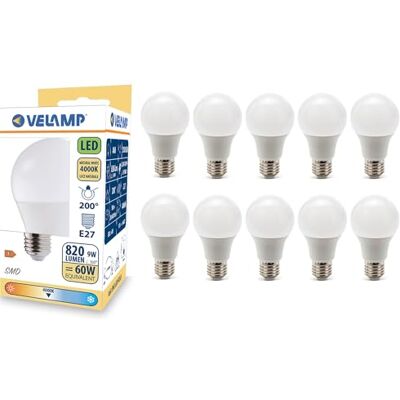 Velamp Ampoule LED, standard A60, culot E27, 9W (806 lumens équivalent à 60W), lumière blanche naturelle 4000K, technologie SMD, faisceau 200 °, pack de 10 ampoules Velamp Ampoule LED, standard A60, culot E27, 9W (806 lumens équivalent à 60W), lumière blanche naturelle 4000K, technologie SMD, faisceau 200 °, pack de 10 ampoules